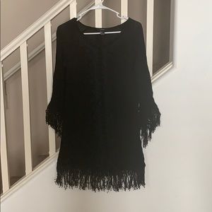 Fringed 3/4 Sleeved Black Dress
